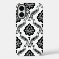 Motif Damassé Rococo Gris Noir Blanc