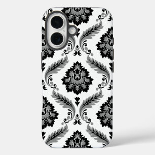 Coques iPhone 16 Motif Damassé Rococo Gris Noir Blanc