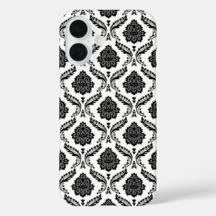 Coques iPhone 16 Motif Damassé Rococo Noir sur Blanc