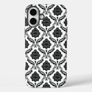 Coques iPhone 16 Plus Motif Damassé Rococo Noir sur Blanc