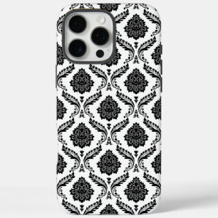 Coques iPhone 16 Pro Max Motif Damassé Rococo Noir sur Blanc