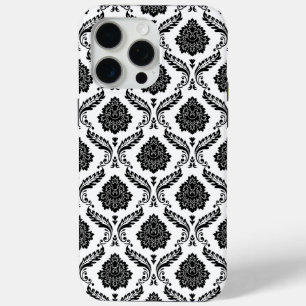 Coque iPhone 15 Pro Max Motif Damassé Rococo Noir sur Blanc