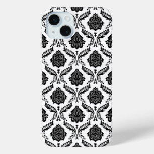Coque iPhone 15 Mini Motif Damassé Rococo Noir sur Fond Blanc