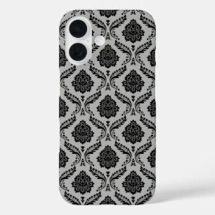 Coques iPhone 16 Motif Damassé Rococo Noir sur Gris