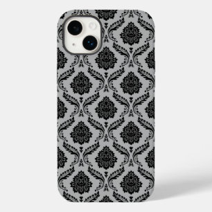 Coque Pour iPhone 14 Plus Motif Damassé Rococo Noir sur Gris