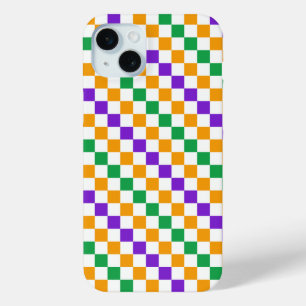 Coque iPhone 15 Mini Motif damier diagonal Mardi gras