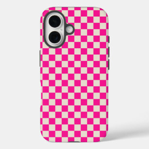 Coques iPhone 16 Motif damier rose chaud et beige