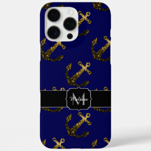 Coques iPhone 16 Pro Max Motif d'ancre avec faux éclats dorés Monogramme ma