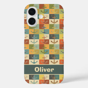 Coques iPhone 16 Motif d'ancre moderne rétro nautical