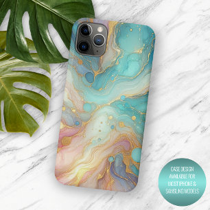 Coque iPhone 15 Pro Max Motif d'art en marbre rose violet Turquoise Aqua B