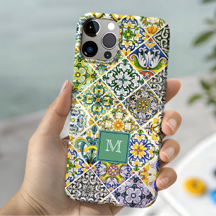 Coque Pour iPhone 15 Motif de carreaux méditerranéens siciliens verts é