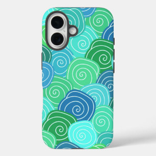 Coques iPhone 16 Motif de cercles roulants bleu-vert
