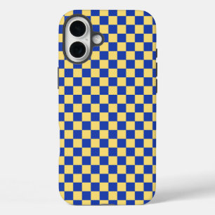 Coques iPhone 16 Plus Motif de damier jaune et bleu à carreaux