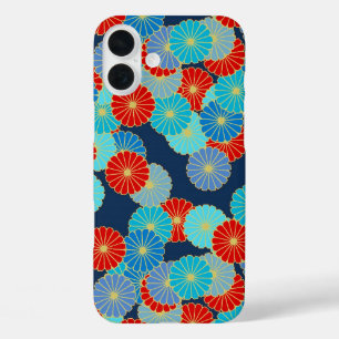 Coques iPhone 16 Plus Motif de fleurs Art Déco - bleu, turquoise et roug