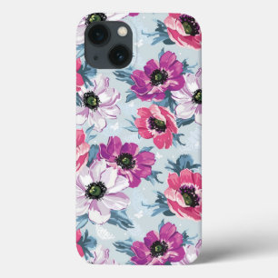 iPhone 13 Coque Motif de fleurs de couleur d'élégance sur le bleu