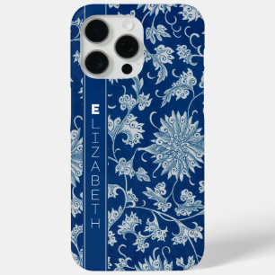 Coque iPhone 15 Pro Max Motif de fleurs Vintage bleu marine avec nom