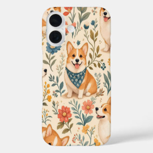 Coques iPhone 16 Motif de jardin floral Corgi mignon
