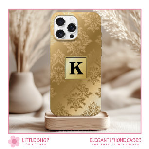 Coque Pour iPhone 15 Motif de monogramme élégant à damas or