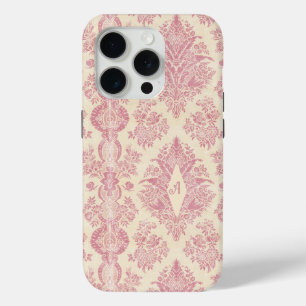 Coque iPhone 15 Pro Motif de monogramme rose victorien Damas