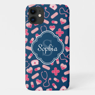 Case-Mate iPhone Case Motif de soins infirmiers rose et bleu avec Monogr