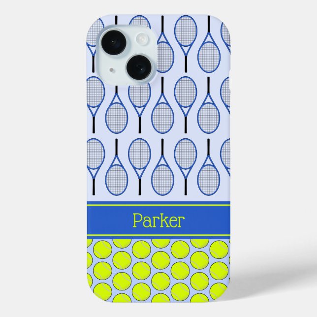 Coques Case-Mate iPhone Motif de tennis nom personnalisé bleu (Verso)
