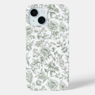 Coque Pour iPhone 15 Motif de toile fleurie vert sauge vintage