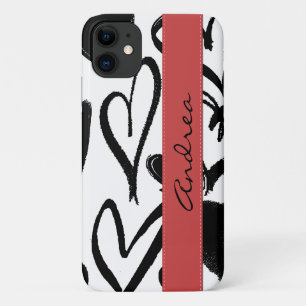 Coque iPhone 11 Motif Des Coeurs, Coeurs Noirs, Votre Nom
