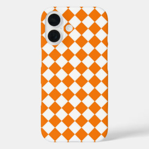 Coques iPhone 16 Motif diamant à carreaux orange et blanc