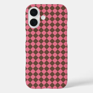 Coques iPhone 16 Motif diamant à carreaux rose marron