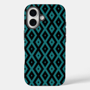 Coques iPhone 16 Motif diamant sarcelle et noir