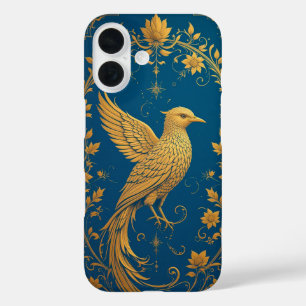 Coques iPhone 16 Motif d'oiseau doré complexe avec motifs floraux