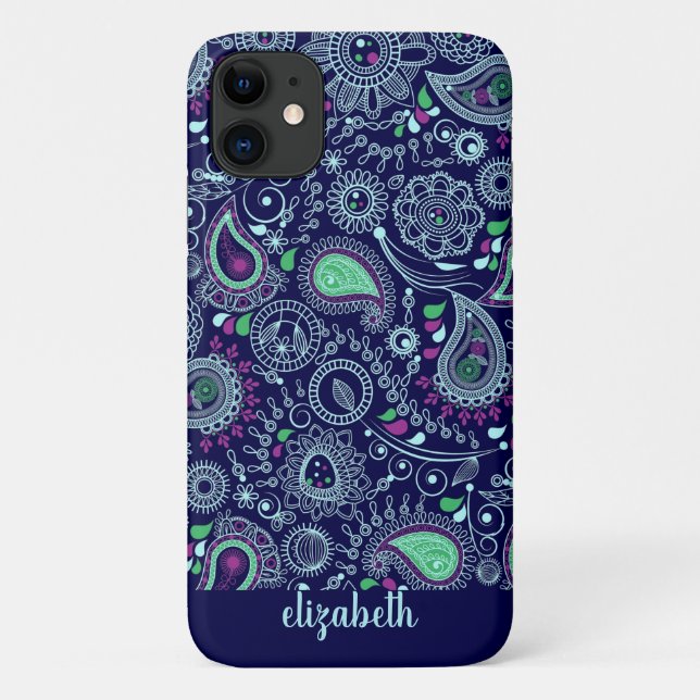 Coques Case-Mate iPhone Motif Doodle Paisley Bleu foncé (Dos)
