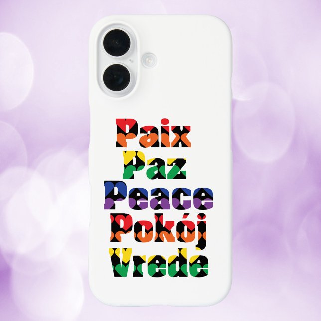Coques Case-Mate iPhone Motif du Coeur de Paix Arc-en-ciel (A phone case that says peace in French, English, Spanish, Polish and Dutch)