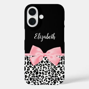 Coques iPhone 16 Motif Empreinte de léopard noir blanc rose pâle