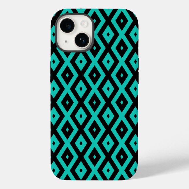 Coques Case-Mate iPhone Motif en diamant noir et turquoise (Verso)