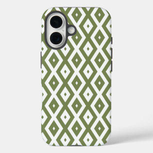 Coques iPhone 16 Motif en diamant vert olive et blanc