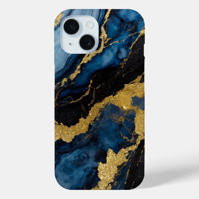 Coques Case-Mate iPhone Motif en marbre bleu avec or (Verso)