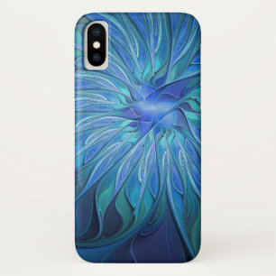 Coques Pour iPhone Motif fantaisie fleur bleue, art fractal abstrait