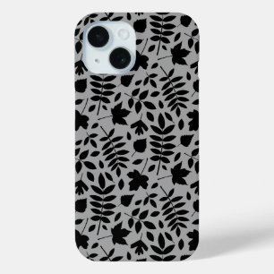 Coque Pour iPhone 15 Motif Feuille tombé noir sur gris
