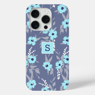 Coque iPhone 15 Pro Motif Fleurs Bleues Jolies Monogramme / Initiale