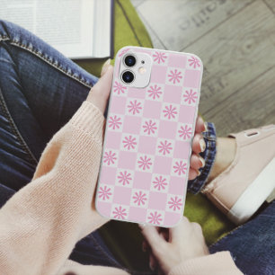 Coque Pour iPhone 14 Motif Floral à Carreaux Rose Rétro