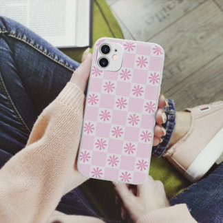 Coque Pour iPhone 14 Motif Floral à Carreaux Rose Rétro