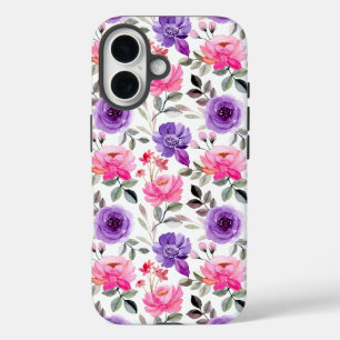Coques iPhone 16 Motif floral aquarelle vibrant en rose et violet