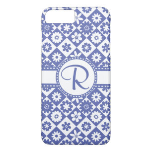 Coque Case-Mate Pour iPhone Motif floral bleu et blanc du monogramme R assez