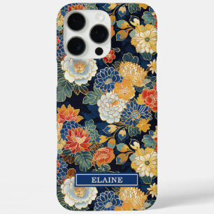 Coques iPhone 16 Pro Max Motif floral bleu japonais monogrammé