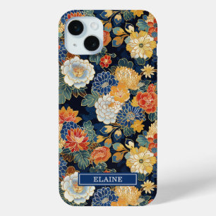 Coque iPhone 15 Mini Motif floral bleu japonais monogrammé