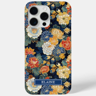 Coque iPhone 15 Pro Max Motif floral bleu japonais monogrammé