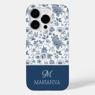Coque Pour iPhone 14 Pro Motif Floral Bleu & Nom Personnalisé