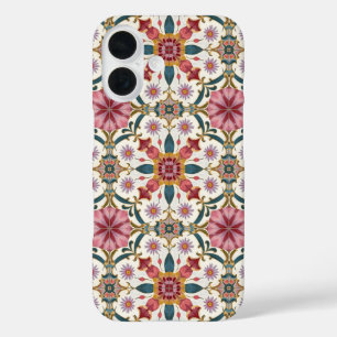 Coques iPhone 16 Motif floral boho en rouge, rose et sarcelle