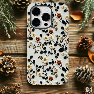 Coque Pour iPhone 14 Pro Motif Floral Botanique Brodé Élégant
